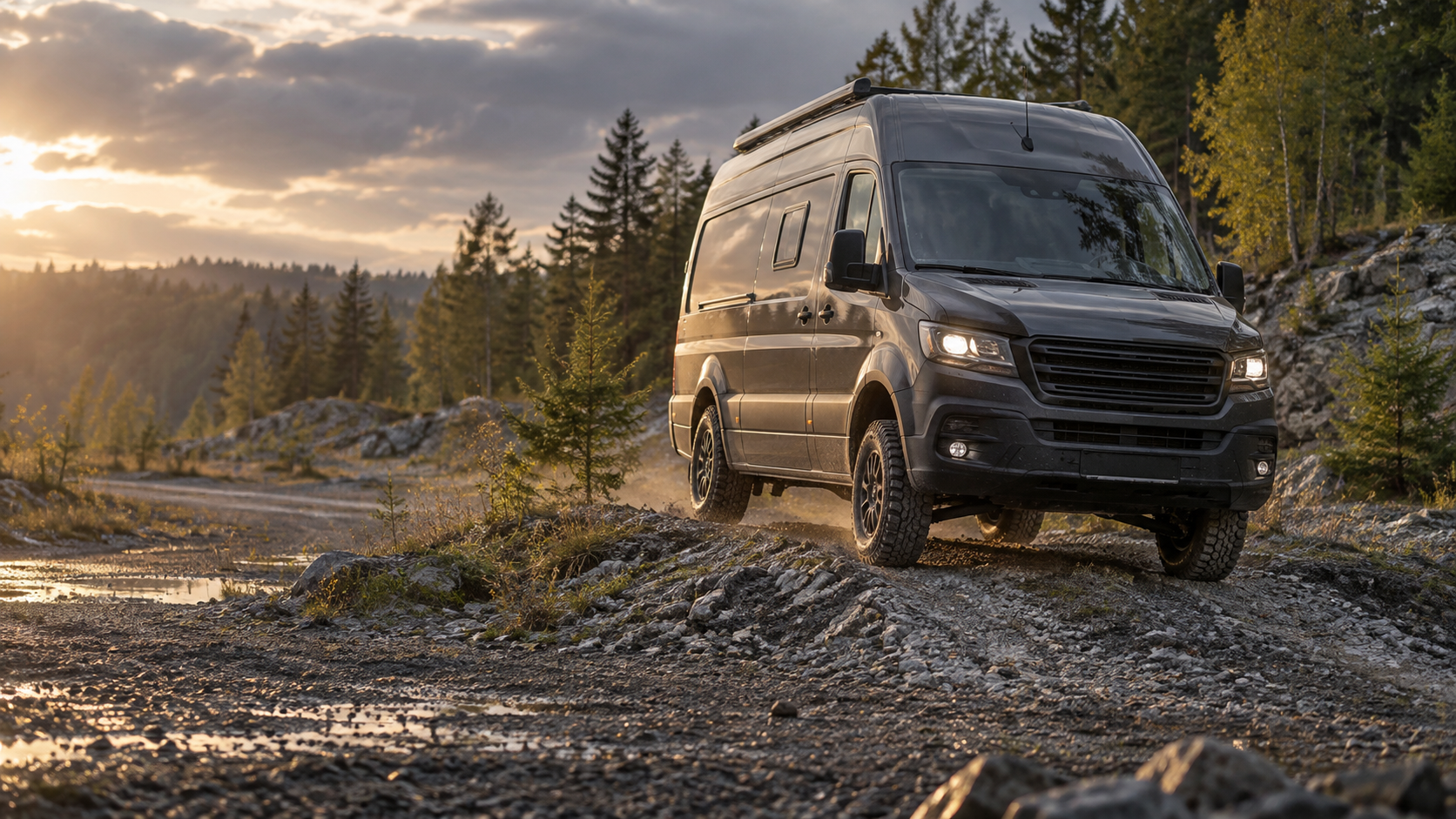 Illustratives Bildkonzept: Camper auf einer Schotterauffahrt am Wald